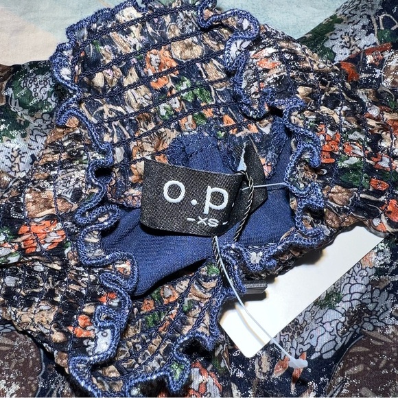 O.P.T Floral Metallic Smock Neck Fit&Flare Long Sleeve Mini Dress Navy Boho XS - Picture 7 of 9